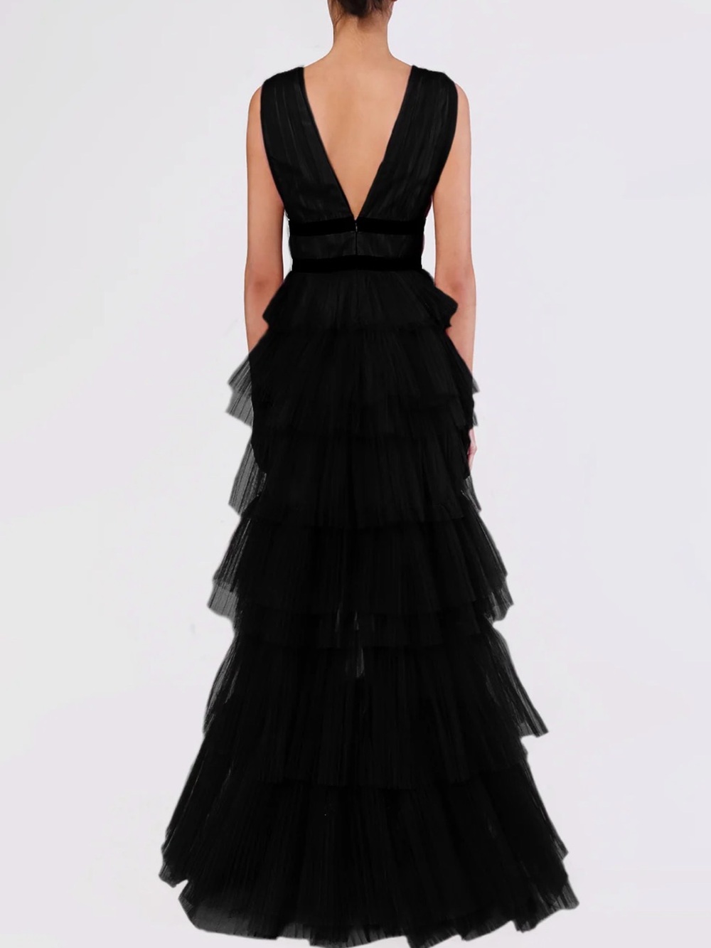 Women's Black Tiered Tulle Maxi Dress with Deep V-Neck - Picture 2 of 5